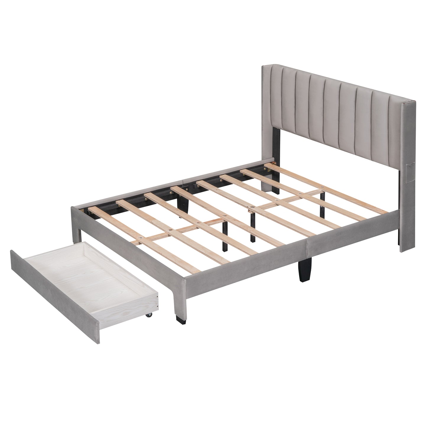 Full Size Storage Bed Velvet Upholstered Platform Bed with a Big Drawer - Gray