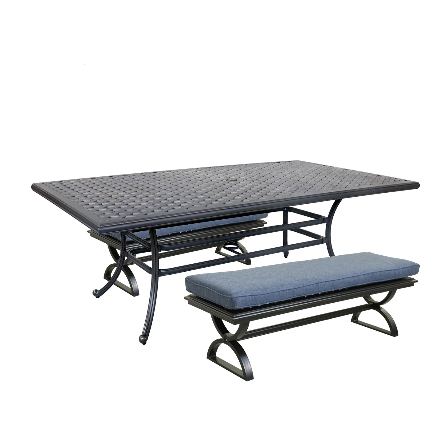 3 Piece Patio Aluminum Dining Set, Rectangle Table with 2 Cushioned Benches, Navy Blue