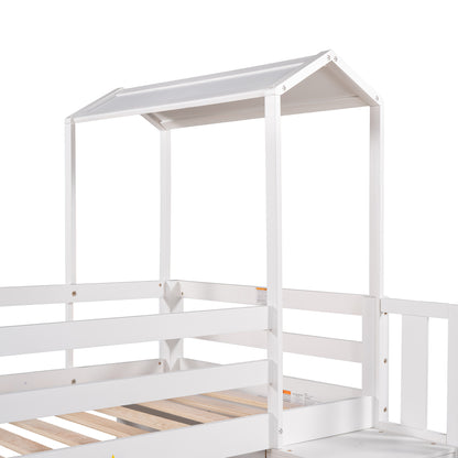 Twin over Full House Roof Bunk Bed with Staircase and Shelves, White