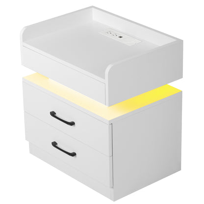 Nightstand with 2 Drawers,USB Charging Ports, Wireless Charging and Remote Control LED Light-White