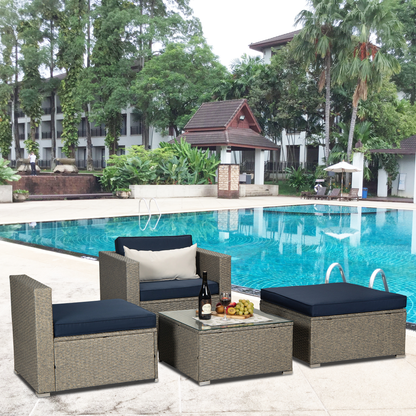 Outdoor Garden Patio Furniture 4-Piece Gray Mix Yellow PE Rattan Wicker Sectional Navy Cushioned Sofa Sets with One Beige Pillow