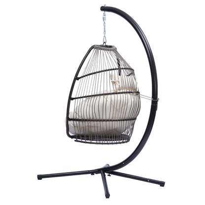 Outdoor Patio Wicker Folding Hanging Chair,Rattan Swing Hammock Egg Chair With C Type Bracket , With Cushion And Pillow