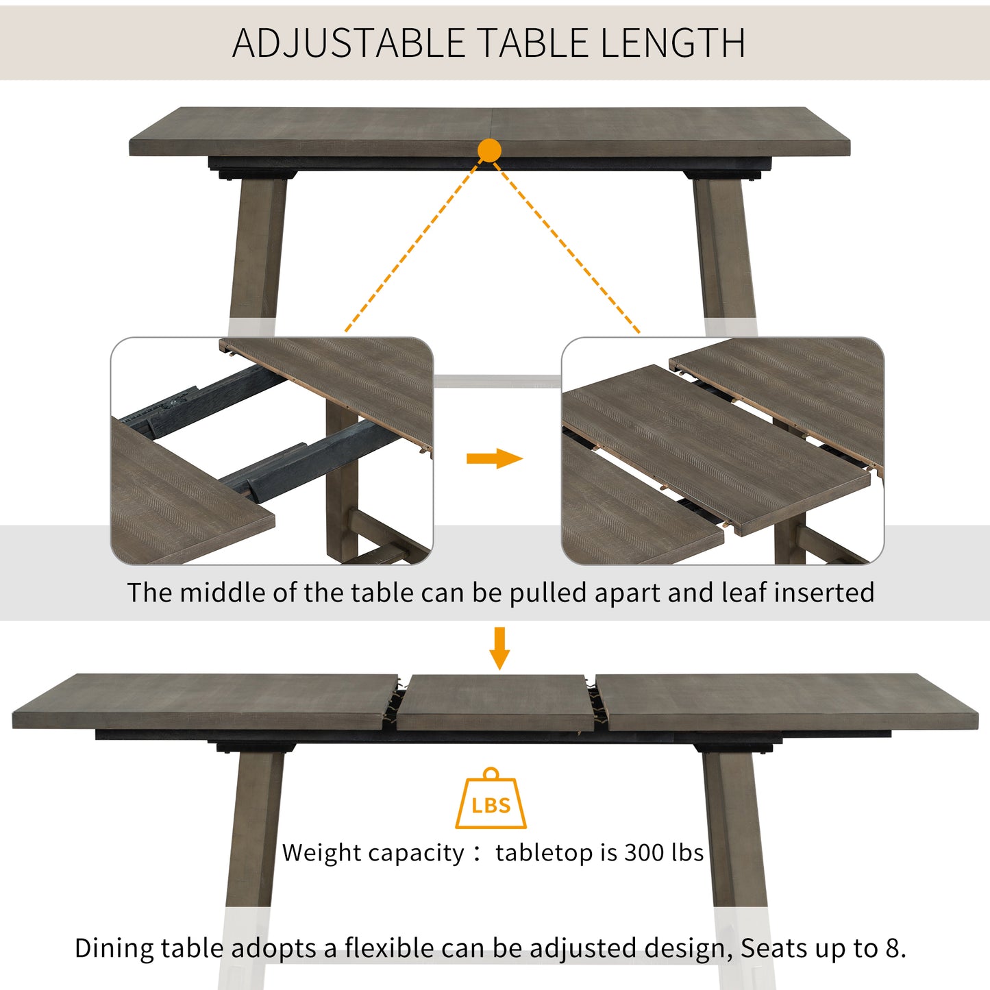 TREXM Retro Industrial Style 7-Piece Dining Table Set Extendable Table with 18” Leaf and Six Wood Chairs 
(Gray)