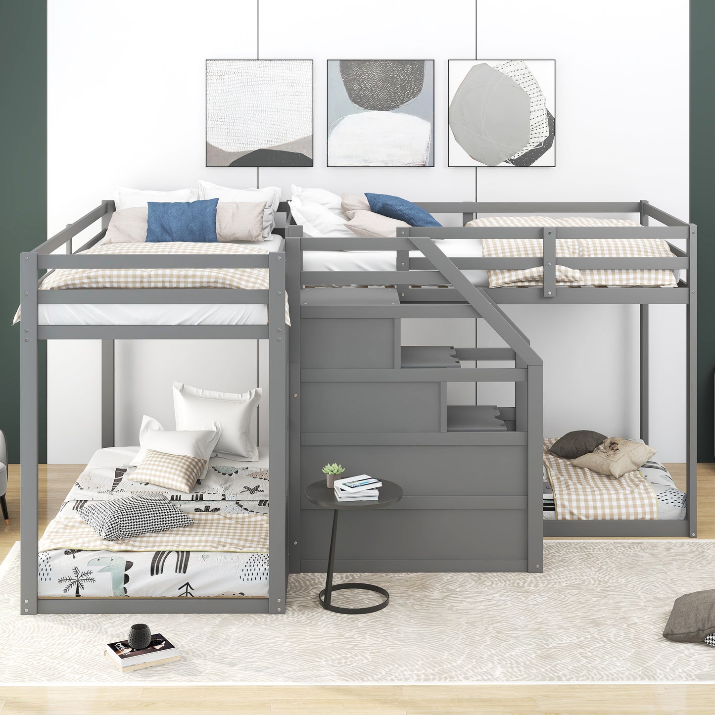 Twin over Twin L-Shaped Bunk Bed with Built-in Middle Staircase,Gray