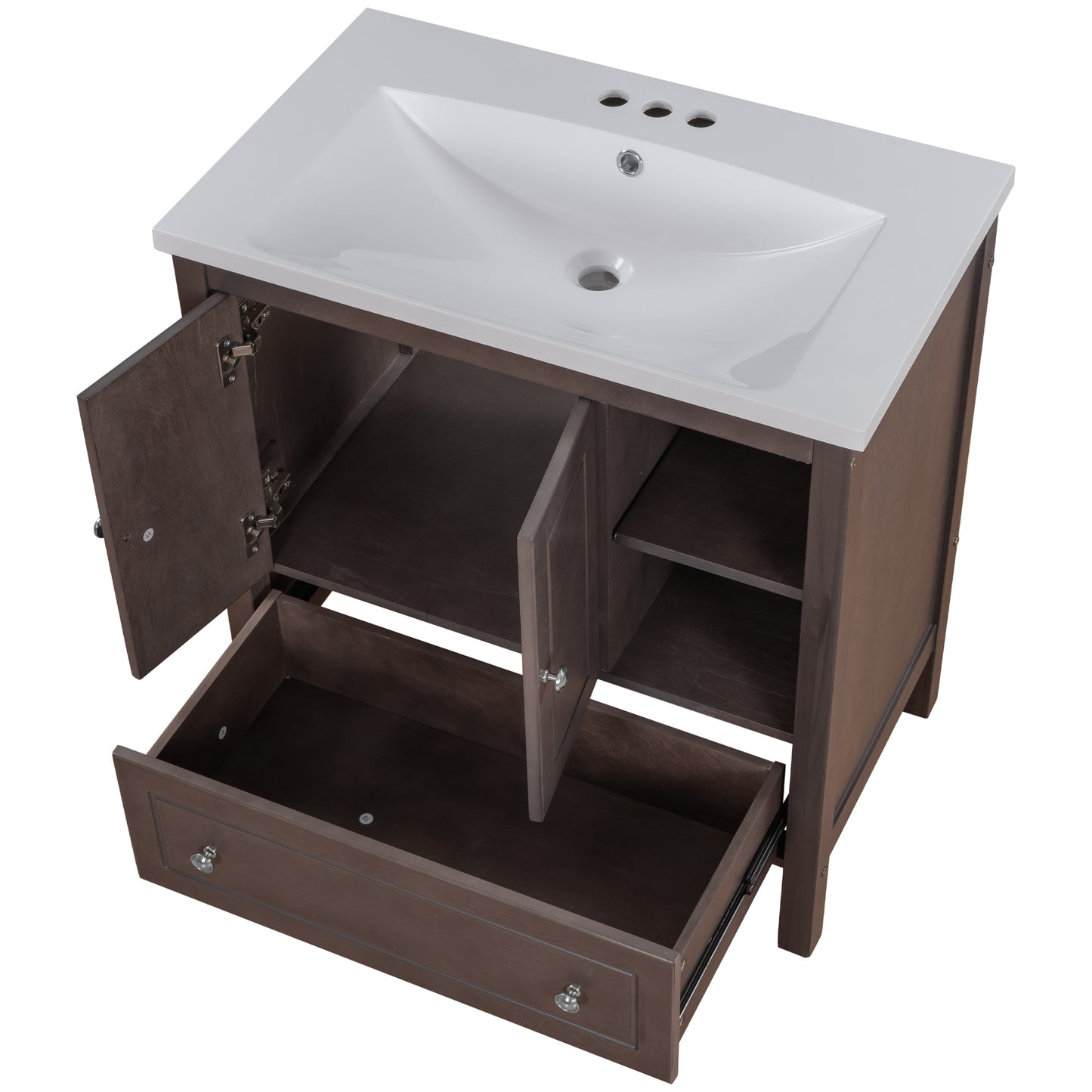 [VIDEO] 30" Bathroom Vanity with Sink, Bathroom Storage Cabinet with Doors and Drawers, Solid Wood Frame, Ceramic Sink, Brown