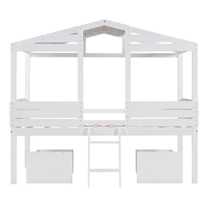 Twin Size Low Loft Wood House Bed with Two Drawers, White