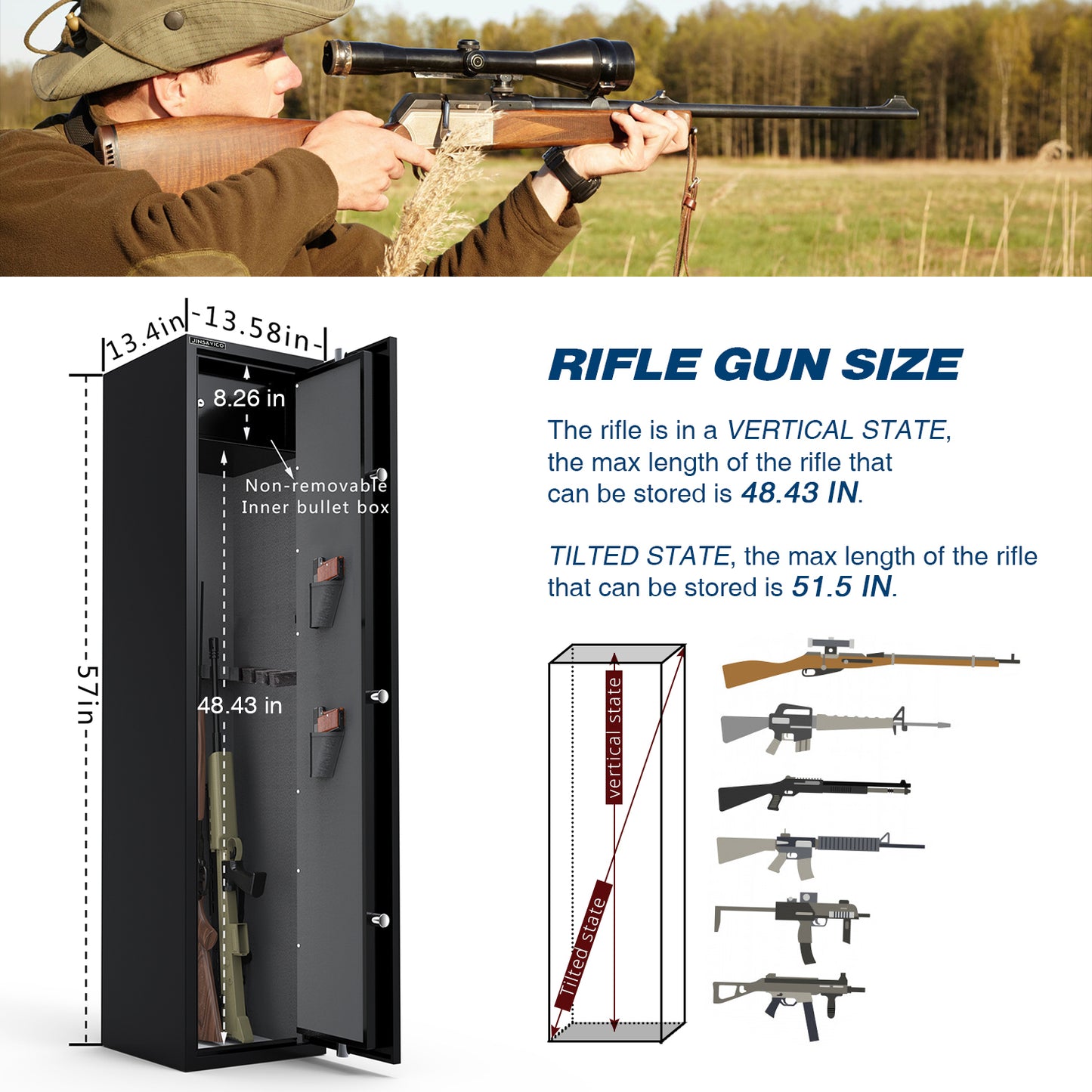 Rifle Safety, Long Gun for Home Rifle Shotgun, Quick Access 5 Gun Locker (with/without scope) with pistol pocket and bullet lock case