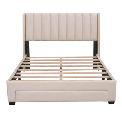 Full Size Storage Bed Velvet Upholstered Platform Bed with a Big Drawer - Beige