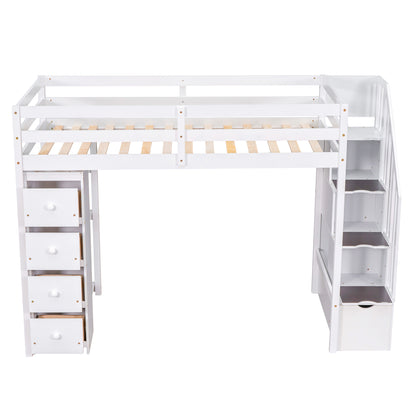 Twin size Loft Bed with Storage Drawers and Stairs, Wooden Loft Bed with Shelves - White