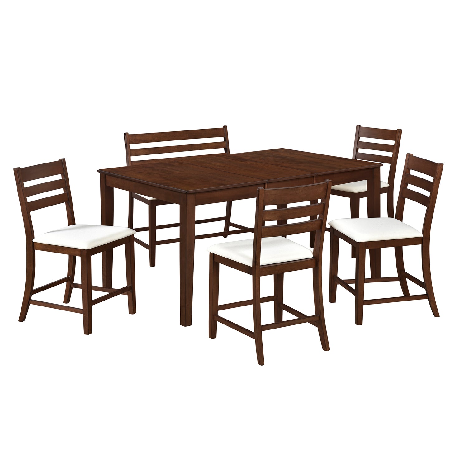 TOPMAX Farmhouse Extendable Counter Height 6-Piece Dining Table Set with Removable Leaf, 4 Dining Chairs and Dining Bench with Back, Brown Walnut+Beige