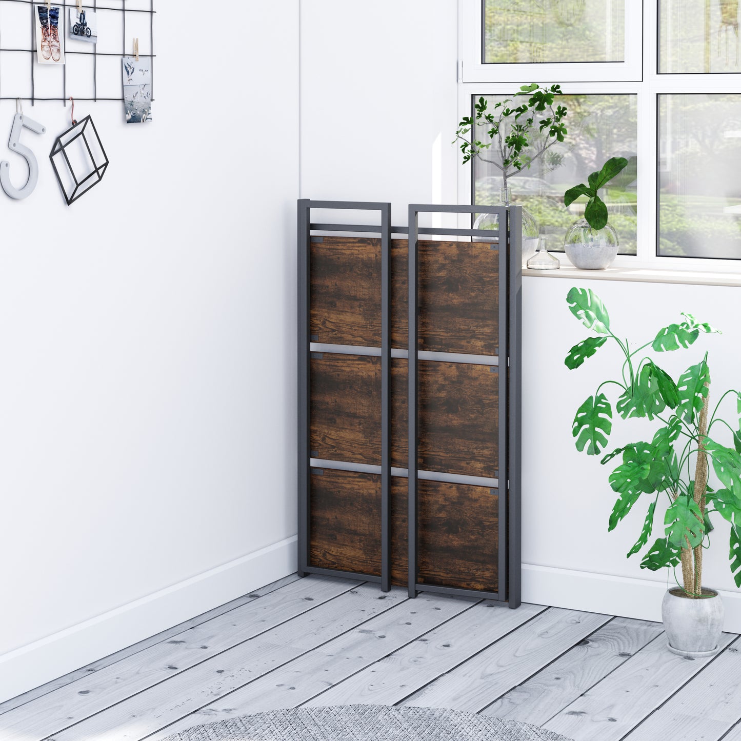 Three-layer folding bookshelf-black paint + retro color