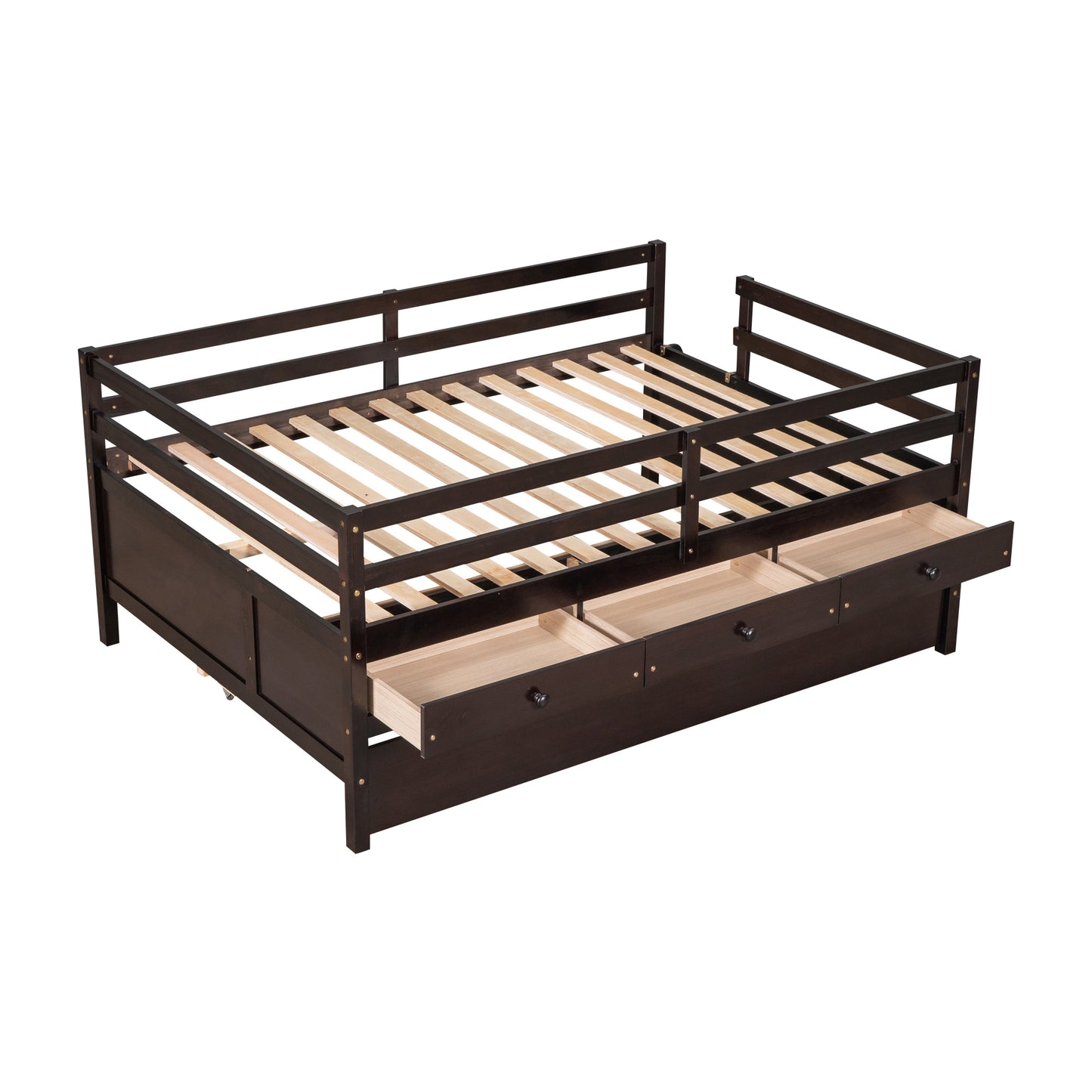 Low Loft Bed Full Size with Full Safety Fence, Climbing ladder, Storage Drawers and Trundle Espresso Solid Wood Bed