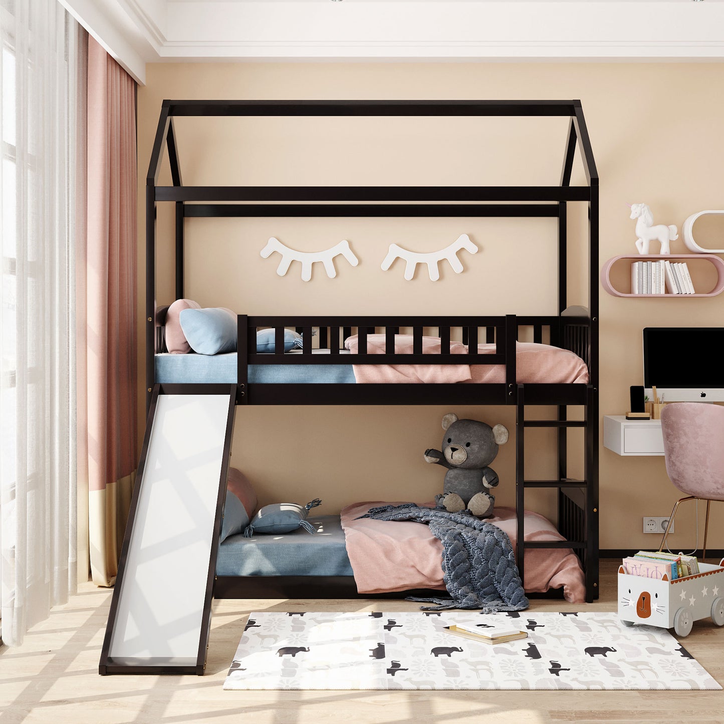 Twin Over Twin Bunk Bed with Slide, House Bed with Slide, Espresso(OLD SKU: LP000213AAP)