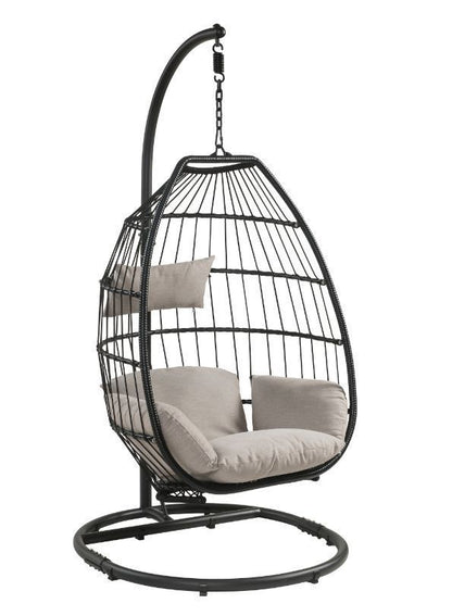 ACME Oldi Patio Hanging Chair with Stand, Beige Fabric & Black Wicker 45115