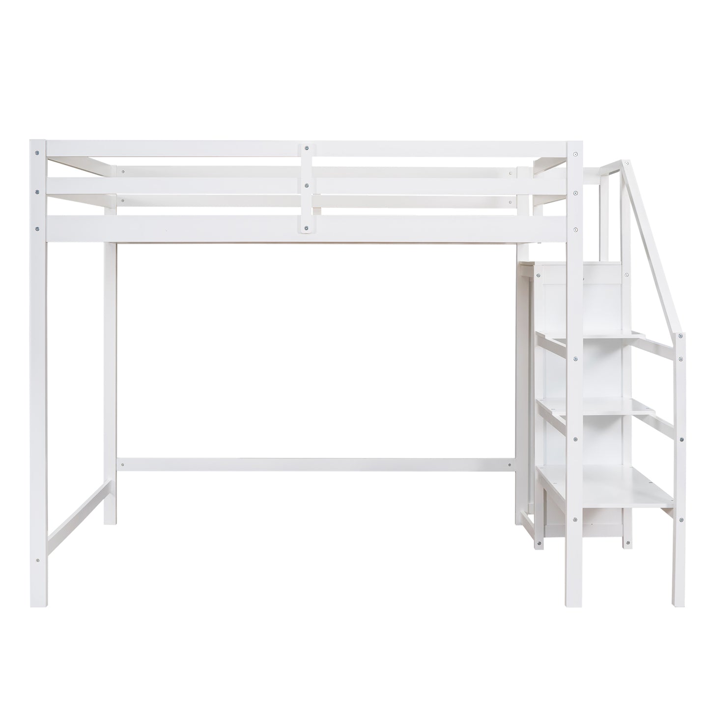 Full Size Loft Bed with Built-in Storage Wardrobe and Staircase,White