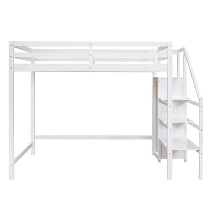 Full Size Loft Bed with Built-in Storage Wardrobe and Staircase,White