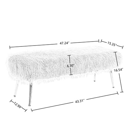 HengMing Faux Fur Plush Ottoman Bench, Modern Fluffy Upholstered Bench for Entryway Dining Room Living Room Bedroom, GRAY