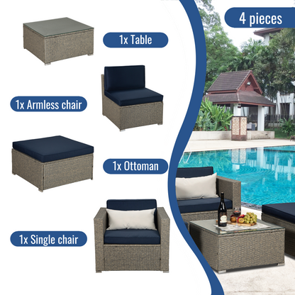 Outdoor Garden Patio Furniture 4-Piece Gray Mix Yellow PE Rattan Wicker Sectional Navy Cushioned Sofa Sets with One Beige Pillow