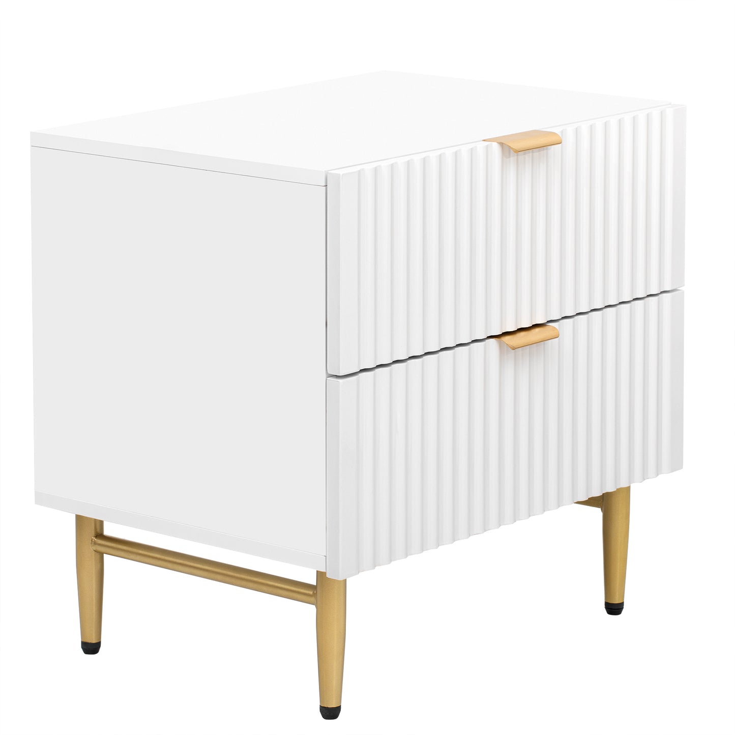 Nightstand with 2 Drawers & Golden Handle，Storage Bedside Table - White