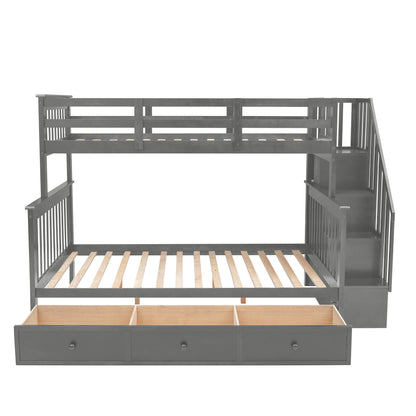 Stairway Twin-Over-Full Bunk Bed with Drawer, Storage and Guard Rail for Bedroom, Dorm, for Adults, Gray color(Old SKU: LP000219AAE)