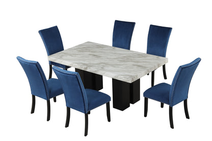 7-piece Dining Table Set with 1 Faux Marble Dining Rectangular Table and 6 Upholstered-Seat Chairs ,for Dining room and Living Room ,Blue