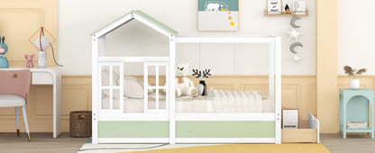 Twin Size House Bed with Roof, Window and Drawer - Green + White