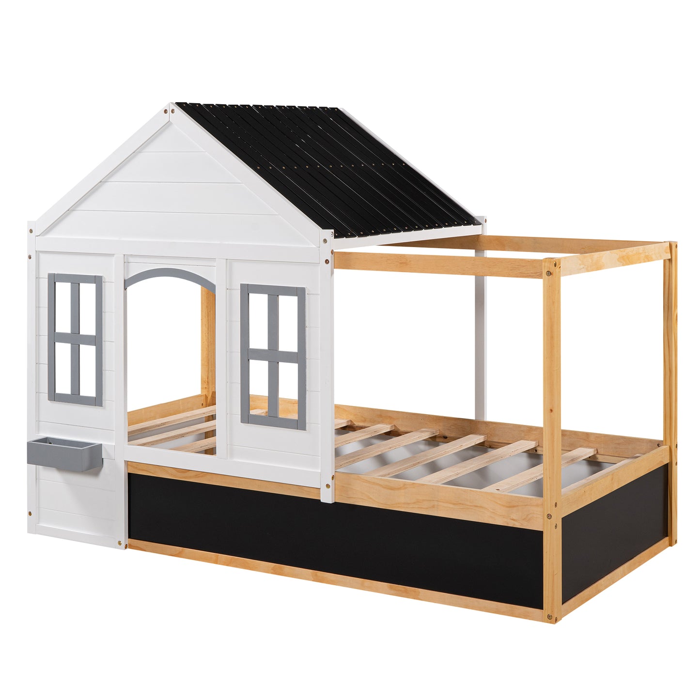 Twin Size House Shaped Canopy Bed with Black Roof and White Window,Blackboard and Little Shelf,White