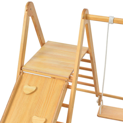 Wooden Swing and Slide Set Indoor Foldable Climbing Playground Playset for Kids, Wooden Climbing Toys with Rock Climb Ramp for Toddlers