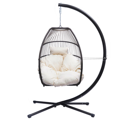 Outdoor Patio Wicker Folding Hanging Chair,Rattan Swing Hammock Egg Chair With C Type Bracket , With Cushion And Pillow