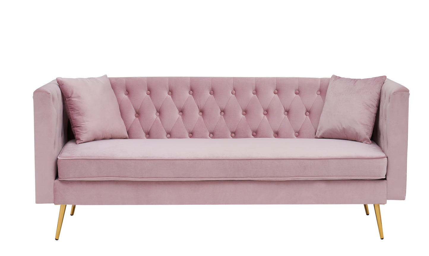 Modern Flat Armrest Living Room Sofa Pink Three Seat Sofa With Two Throw Pillows