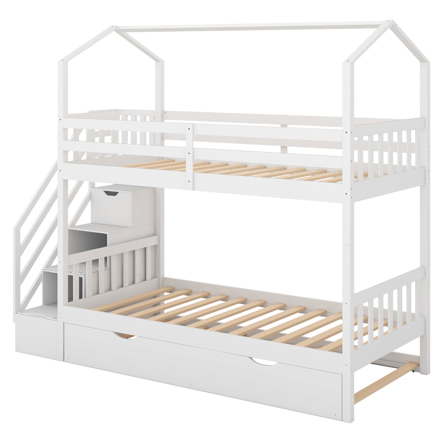 Multifunctional Twin over Twin House Bunk Bed with Staircase and Storage Space,White