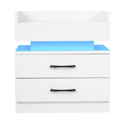 Nightstand with 2 Drawers,USB Charging Ports and Remote Control LED Light-White