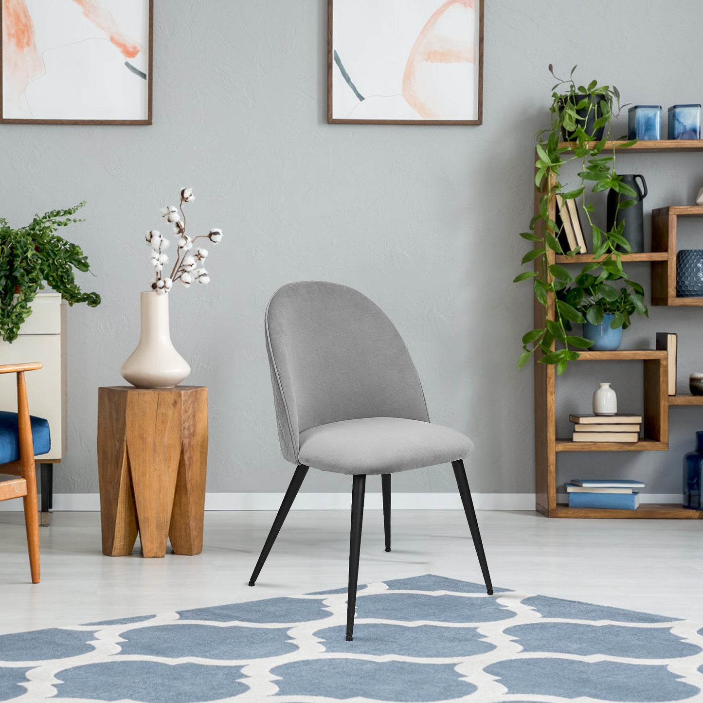 Dining Chair, Grey Velvet, Metal Black legs, Set of 2 Side Chairs