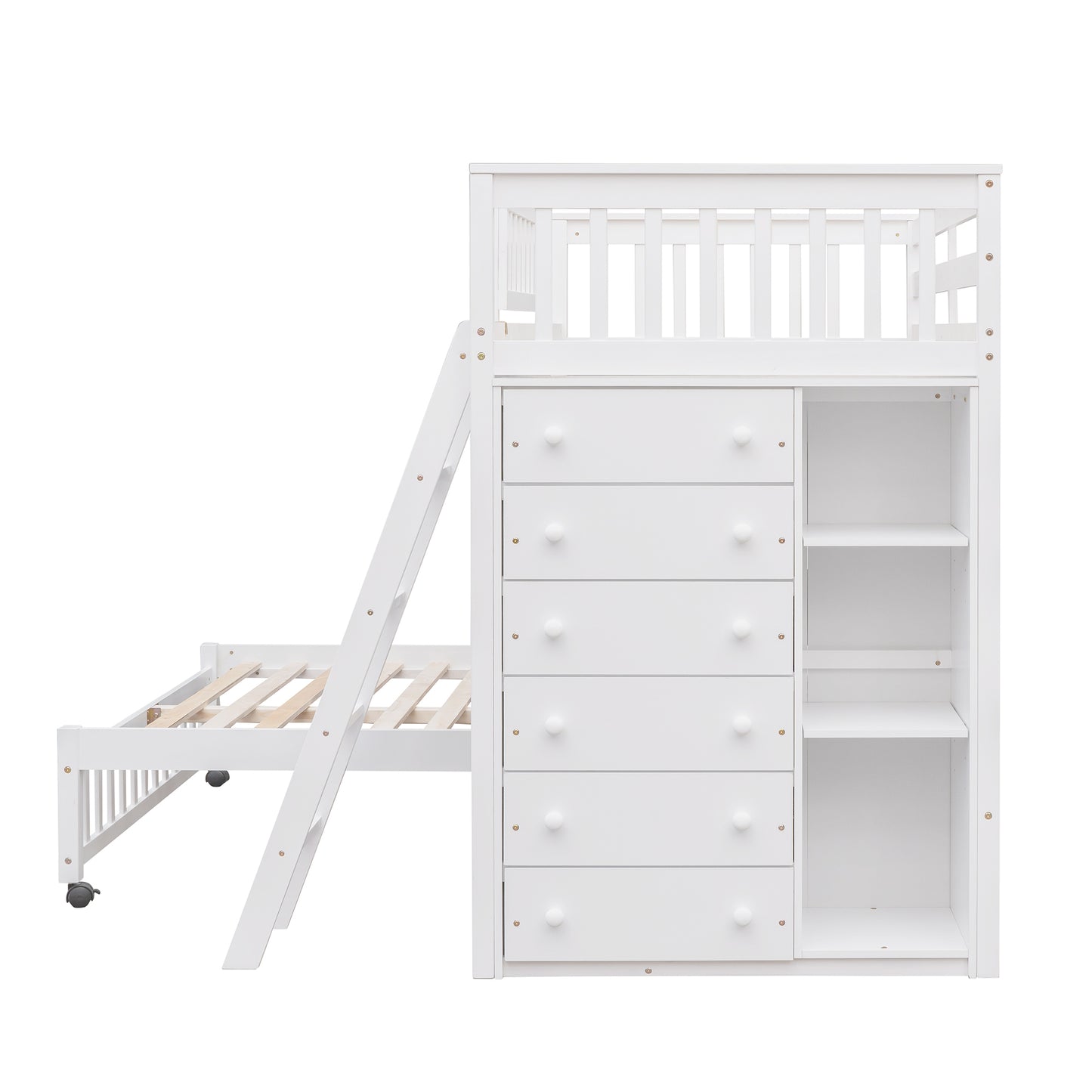 Wooden Twin Over Full Bunk Bed With Six Drawers And Flexible Shelves,Bottom Bed With Wheels,White(OLD SKU:LP000531AAK)