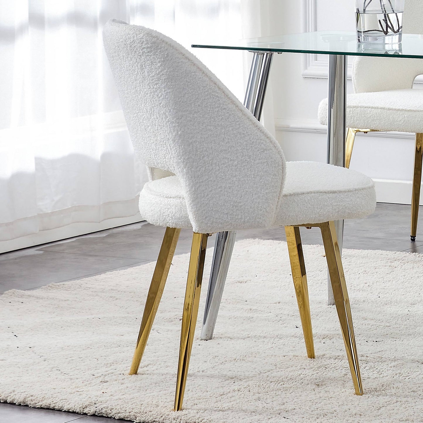 Modern Dining Chairs,Teddy Velvet Accent Chair, Living Room Leisure Chairs, Upholstered Side Chair with Golden Metal Legs for Dining Room Kitchen Vanity Patio Club Guest (Set of 1) （White Chairs）