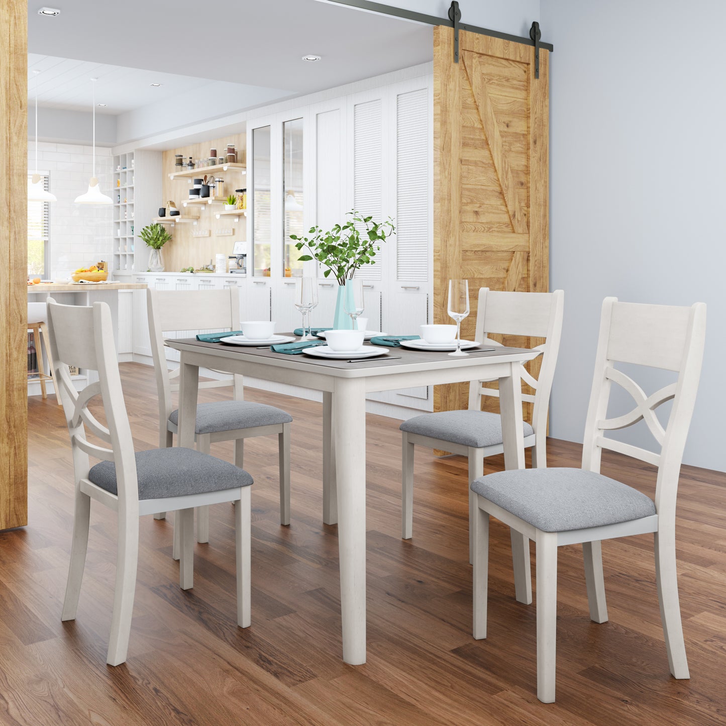 TOPMAX Farmhouse Rustic Wood 5-Piece Kitchen Dining Table Set with 4 Upholstered Padded Chairs, Light Grey+White