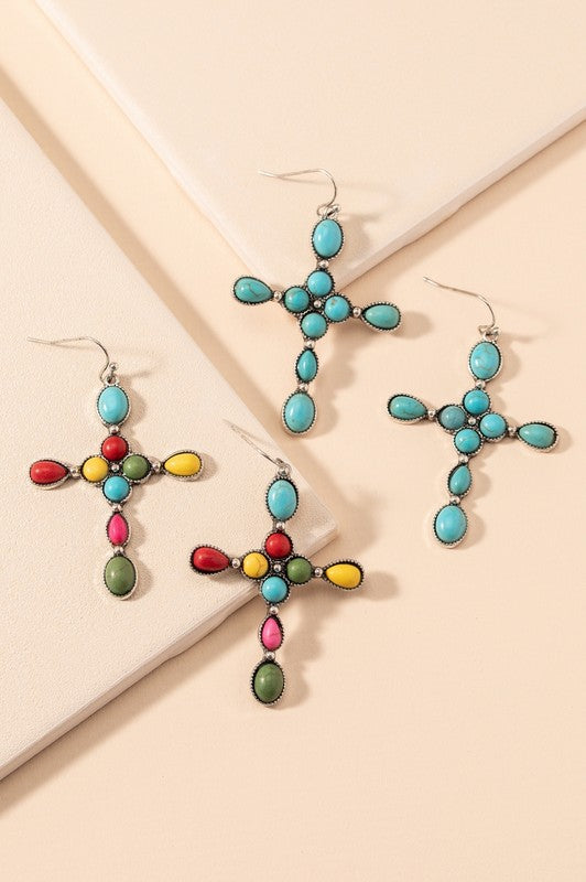 Western Cross Stone Dangling Earrings