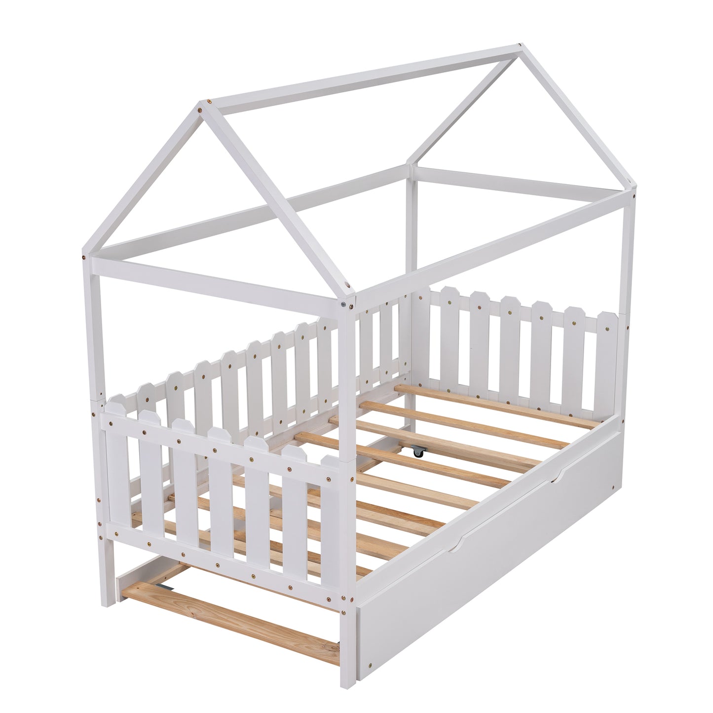 Twin Size House Bed with trundle, Fence-shaped Guardrail, White(New)