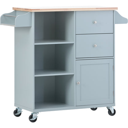 K&K Store Kitchen Cart on 4 Wheels with 2 Drawers and 3 Open Shelves, Kitchen Island with Rubber Wood top for Dinning Room, Grey Blue