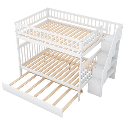 Full over Full Bunk Bed with Trundle and Staircase,White