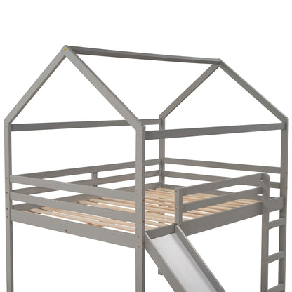 Full Size Loft Bed with Slide, House Bed with Slide,Gray(OLD SKU :WF281161AAE)