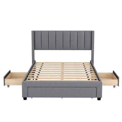 Full Size Upholstered Platform Bed with One Large Drawer in the Footboard and Drawer on Each Side,Gray