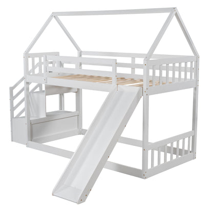 Twin over Twin House Bunk Bed with Slide and Storage Staircase,White