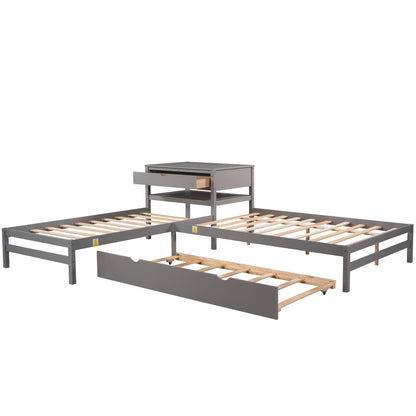 L-Shaped Full Size and Twin Size Platform Beds with Twin Size Trundle and Drawer Linked with Built-in Rectangle Table,Gray