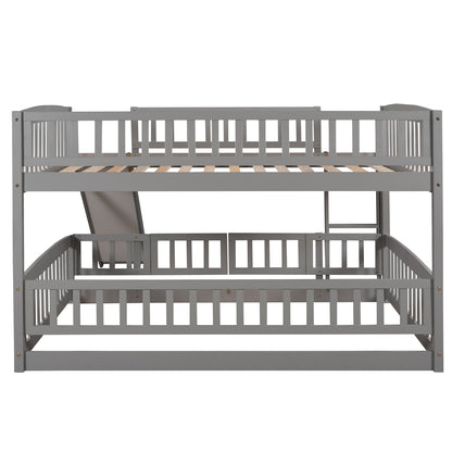 Bunk Bed with Slide,Full Over Full Low Bunk Bed with Fence and Ladder for Toddler Kids Teens Gray