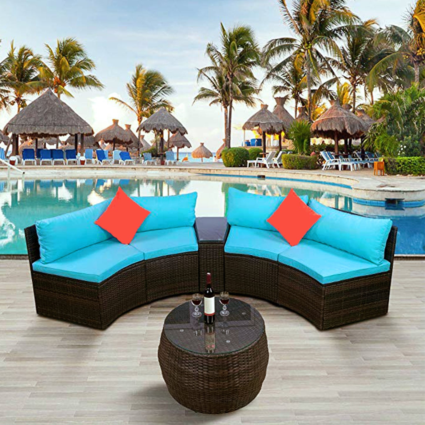 TOPMAX 4-Piece Patio Furniture Sets, Outdoor Half-Moon Sectional Furniture Wicker Sofa Set with Two Pillows and Coffee Table, Blue Cushions+Brown Wicker