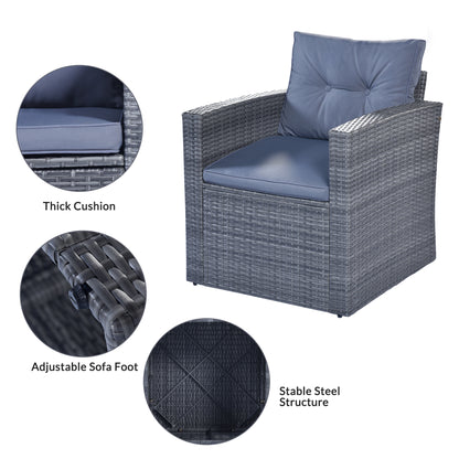 GO 6-piece All-Weather Wicker PE rattan Patio Outdoor Dining Conversation Sectional Set with coffee table, wicker sofas, ottomans,  removable cushions (Dark grey wicker, Light grey cushion)