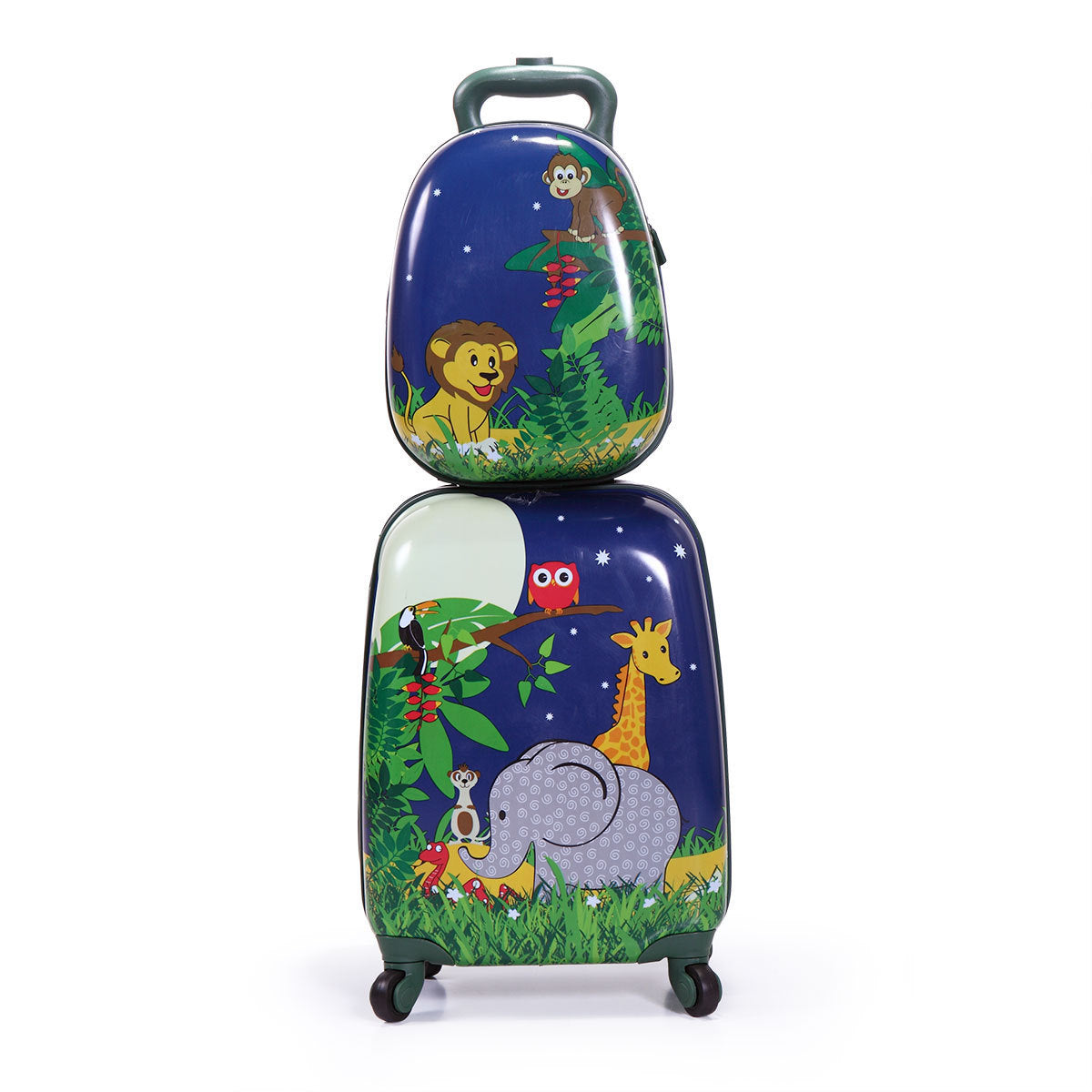 2 PCS Kids Luggage Set, 12" Backpack and 16" Spinner Case with 4 Universal Wheels, Travel Suitcase for Boys Girls,Navy Blue with Animal Patterns