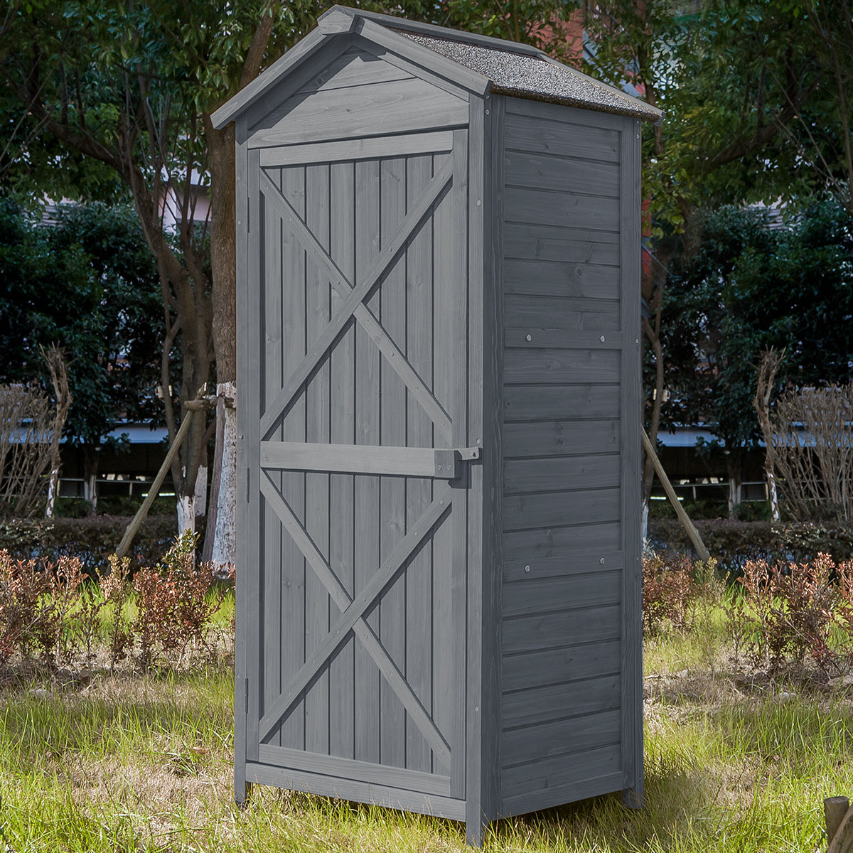 TOPMAX Outdoor Wooden Storage Sheds Fir Wood Lockers with Workstation,Gray