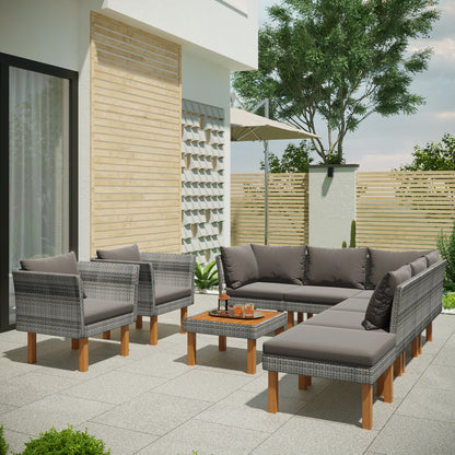 GO 9-Piece Outdoor Patio Garden Wicker Sofa Set, Gray PE Rattan Sofa Set, with Wood Legs, Acacia Wood Tabletop, Armrest Chairs with Gray Cushions